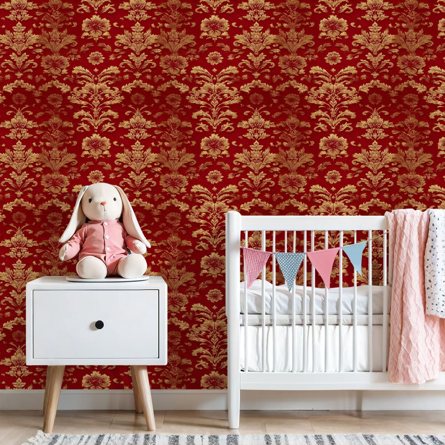Vintage Peel and Stick Wallpaper Golden Floral Damask Red baroque vintage Wall Mural 23.6in x 9.8ft Self Adhesive Removable Wall Paper Renter Friendly Wallpaper for Bedroom Livingroom Office
