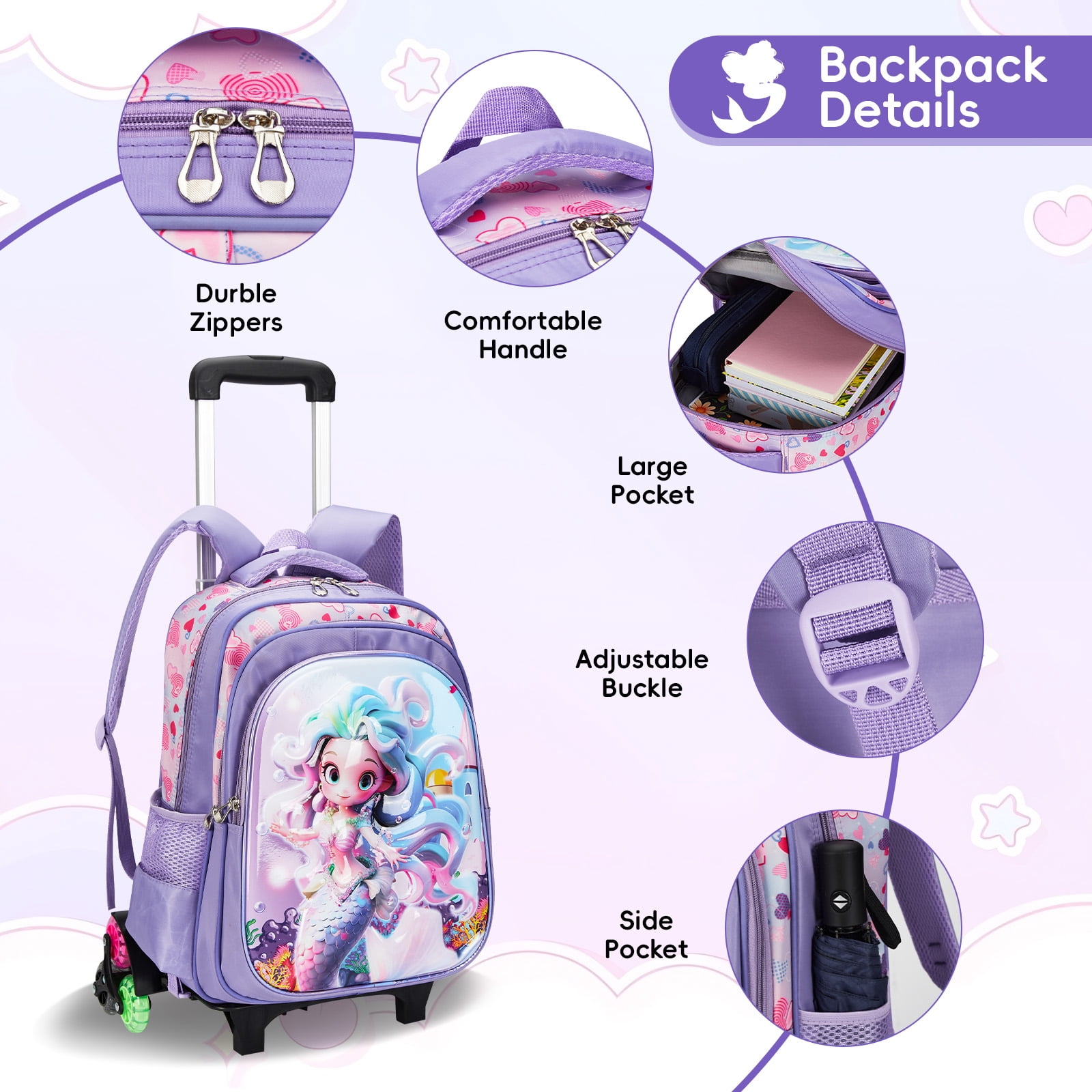 IvyH Rolling Backpack 3pcs Wheeled Backpack Lightweight Waterproof Bag Set with Lunch Bag Pen Case,Purple Mermaid
