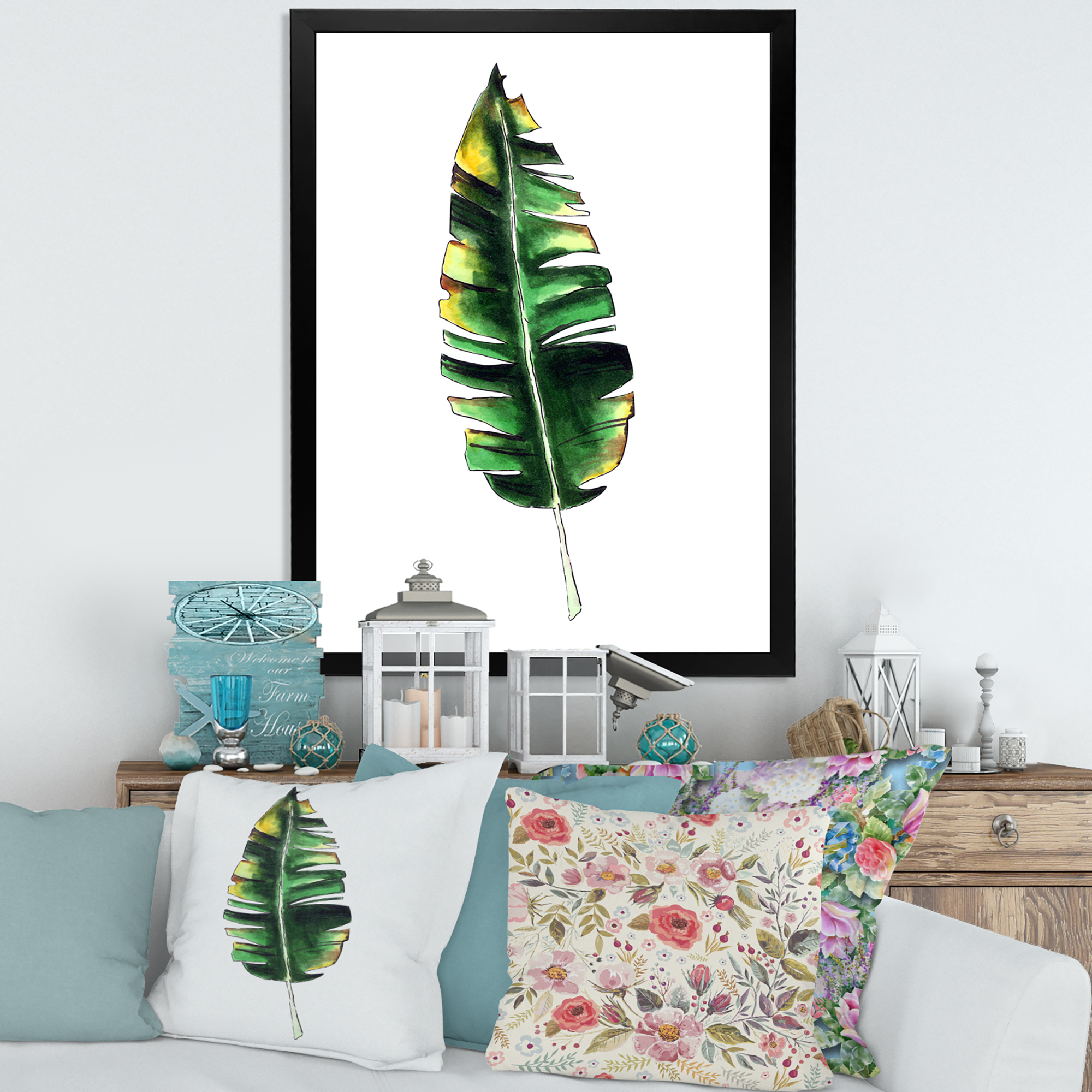 Designart 'Single Banana Leaf On White' Bohemian & Eclectic Framed Art Print