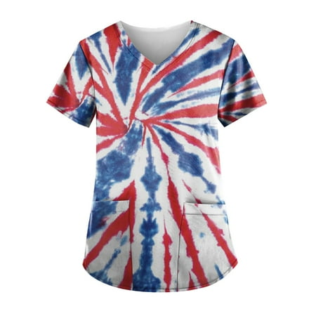 

Sksloeg Scrub Tops For Women Stretchy American Flag Tops For Women 4th Of July Shirts Short Sleeveless Flag Stripes Printed Color Block T-Shirt Patriotic Tees Sky Blue XXXL