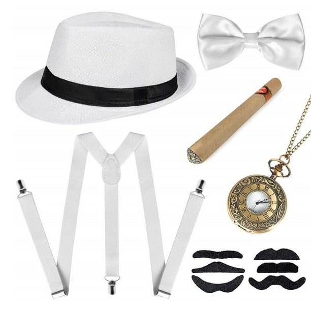 Accesorios de disfraces para hombre de los años 20, juego de disfraz de gánster Flapper, kit de disfraz del Gran Gatsby de los años 20 con sombrero Trilby, tirantes elásticos y bigote, reloj de bolsillo para hombre Sincero Electrónica
