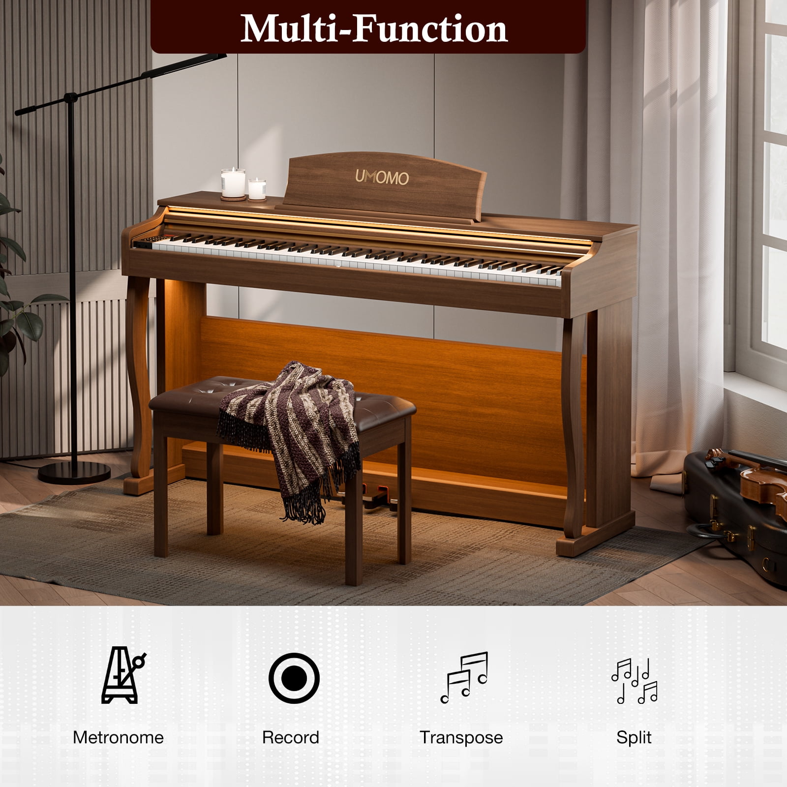 UMOMO U-732 88 Weighted Key Digital Piano with Adjustable Light, Hammer Action Electric Piano with Piano Stand, Full Size Electronic Piano Keyboard for Beginner, Adults, Brown