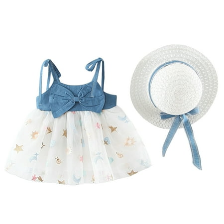 

Felcia 0-3Y Baby Girl Dress Star Print Sleeveless Patchwork Princess Tutu Sling Dress with Hat