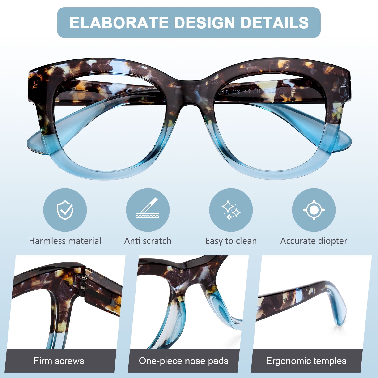 Fashion Reading Glasses for Women, Blue Light Blocking/Anti UV Readers Oversized Designer Round with Spring Hinge