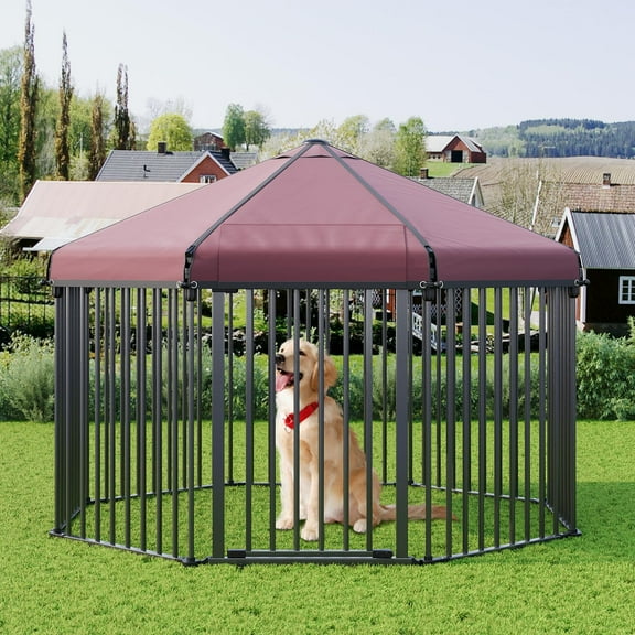 Danolapsi Dog Kennel Outside,Large Dog Fence for Yard,Outdoor Dog Kennel with Roof,Outdoor Dog Playpen with Metal Gate,Heavy Duty Octagon Dog Pen with Lock for Outdoor Backyard (4.9x4.9x3.6FT)