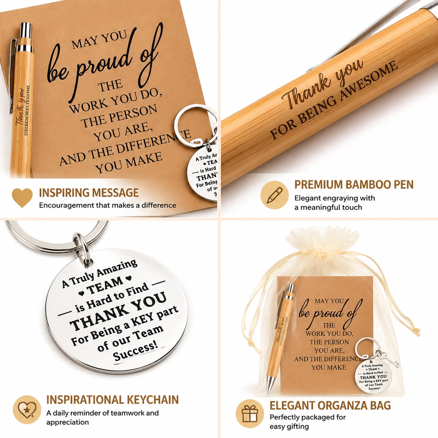 40 Pcs Employee Appreciation Gifts Bulk - Motivational Pocket Notebooks, Natural Bamboo Pens, Gratitude Keychains, Sheer Organza Bags - Team Gifts for Employees, Volunteers, Nurses, Teachers, Colleag
