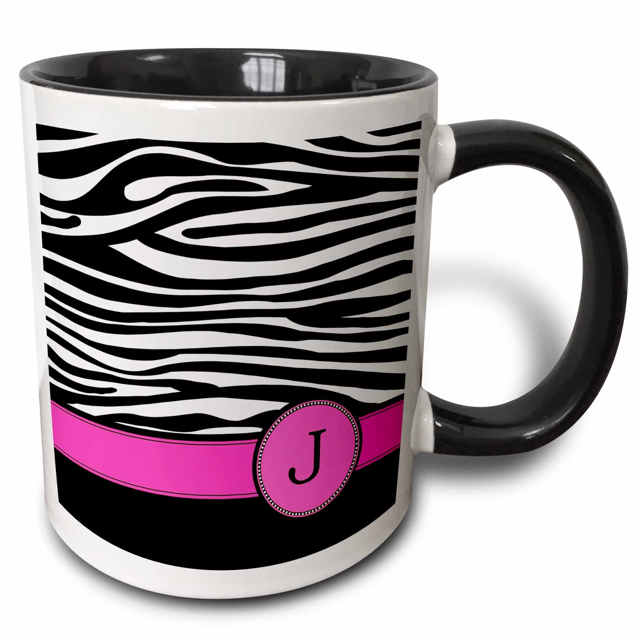 3dRose Letter J monogrammed black and white zebra stripes animal print with hot pink personalized initial - Two Tone Black Mug, 15-ounce