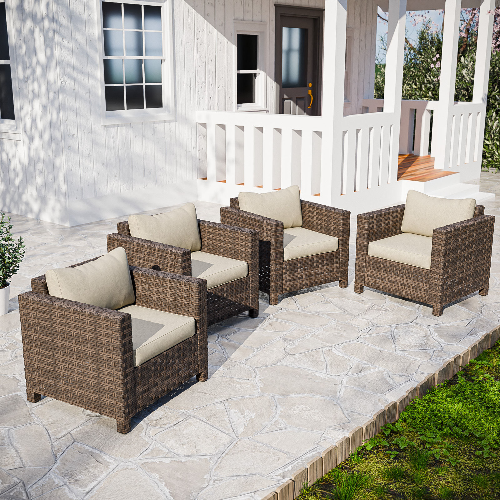 EAGLE PEAK Harbor Haven Outdoor Wide-Woven Wicker Patio Chairs Set of 4, All Weather PE Lounge&nbsp;Chair with Cushion, Deep Seat and High Back