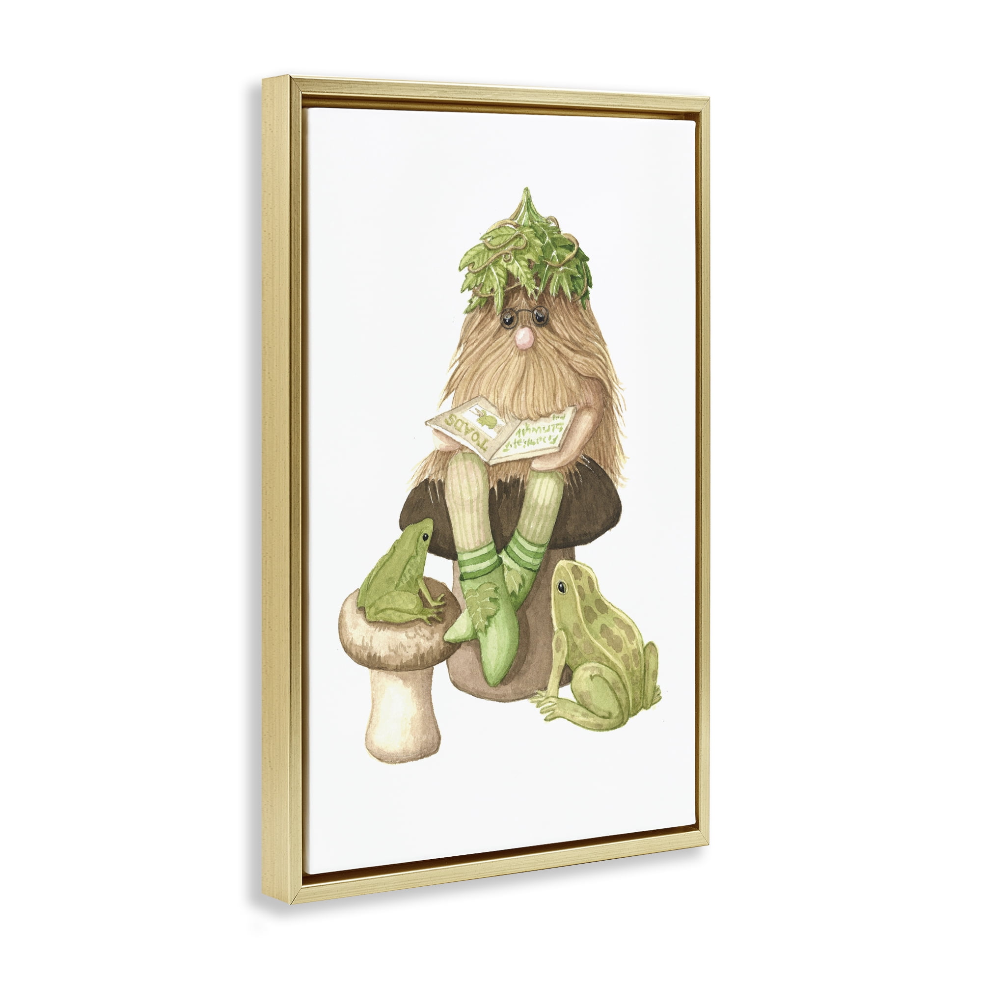 Stupell Industries Garden Elf with Frogs Gold Framed Floater Canvas Wall Art, design by Nancy Overton