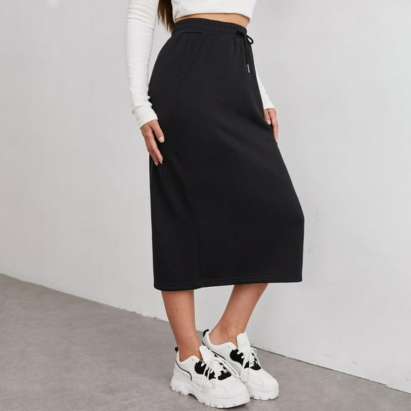 2025 Sports Casual Commuter Loose Solid Color Slit Midi Skirt