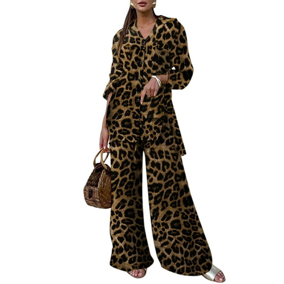 ZANZEA Women Leopard Print Long Sleeve Tops and Long Pants Elegant Casual Loose Suits