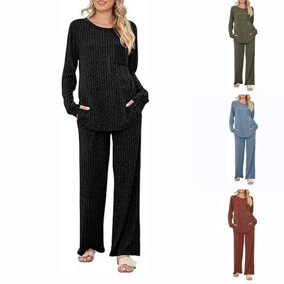 Ashirexll Two Piece Sets for Women, Outfits for Women, Casual Loose Solid Color Long Sleeve Top and Wide Leg Pants Two Piece Comfortable Set