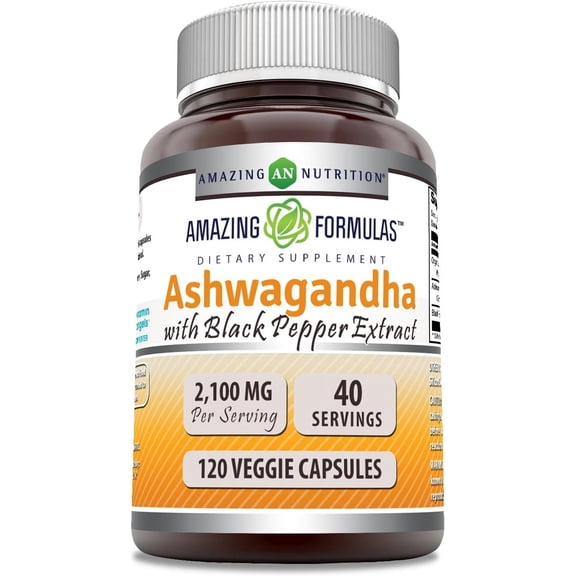 Amazing Formulas Ashwagandha Root with Black Pepper Extract 2100 mg Per Serving 120 Veggie Capsules Supplement |Extra Strength | Non-GMO | Gluten-Free