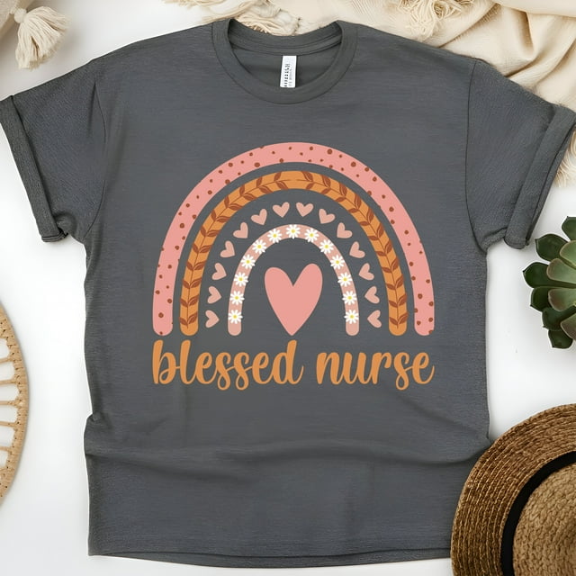 Blessed Nurse Graphic T-Shirt with Rainbow and Heart Design, Dark Heather, Size 2XL