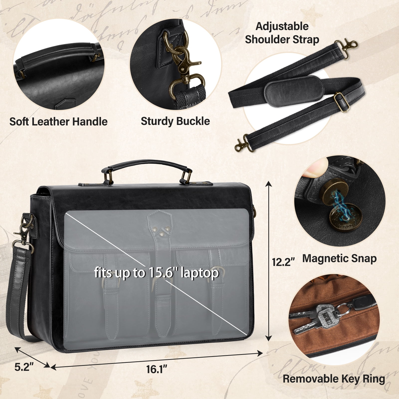 RAINSMORE Messenger Bag for Men 15.6 Inch Leather Vintage Laptop Briefcase Large Laptop Bag Waterproof Satchel Bag Computer Shoulder Bag for Office Work Travel College,Black