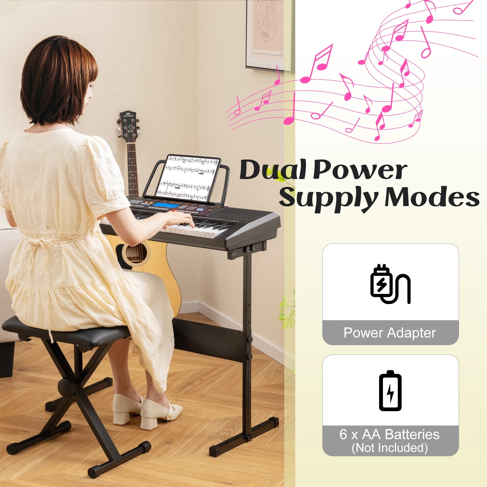 Costway 61 Keys Portable Electronic Keyboard Piano Set with Folding Bench 300 Timbres 300 Rhythms