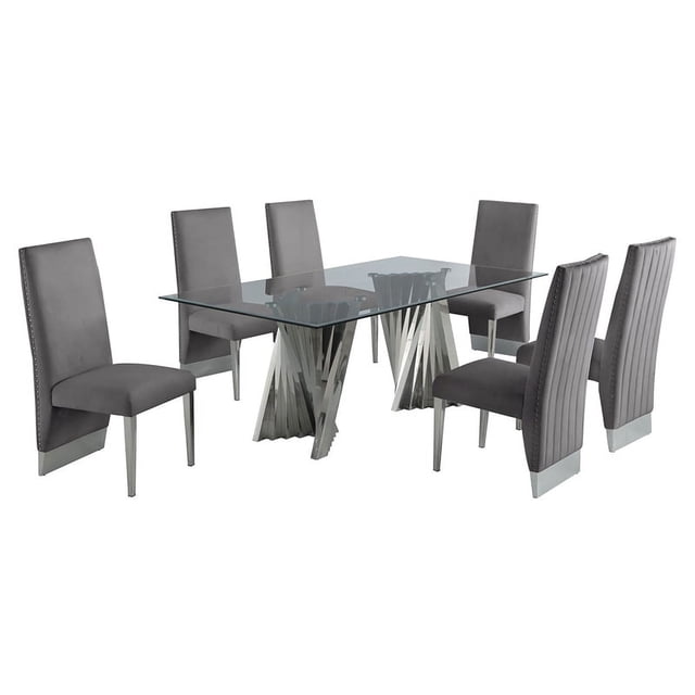 Clear Glass Dining Set with Table and 6 Gray Velvet Chairs