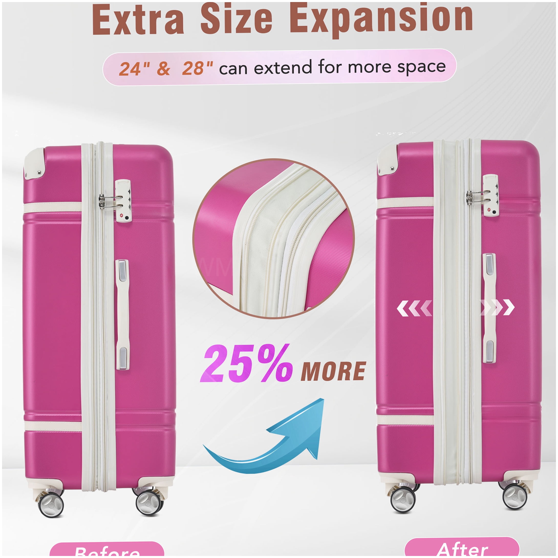 MANGIJOY Lightweight ABS Hardshell Suitcase Set 4PC, Pink Spinner Luggage with TSA Lock, Expandable Checked Bag and Carry On