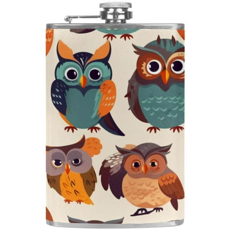 

josid Owl Pattern 3.6x6in Stainless Steel Small Flask Leak-Proof Stainless Steel Construction Wrapped in Premium Two-Layer Leather Nano-Printed Design 227ml Capacity