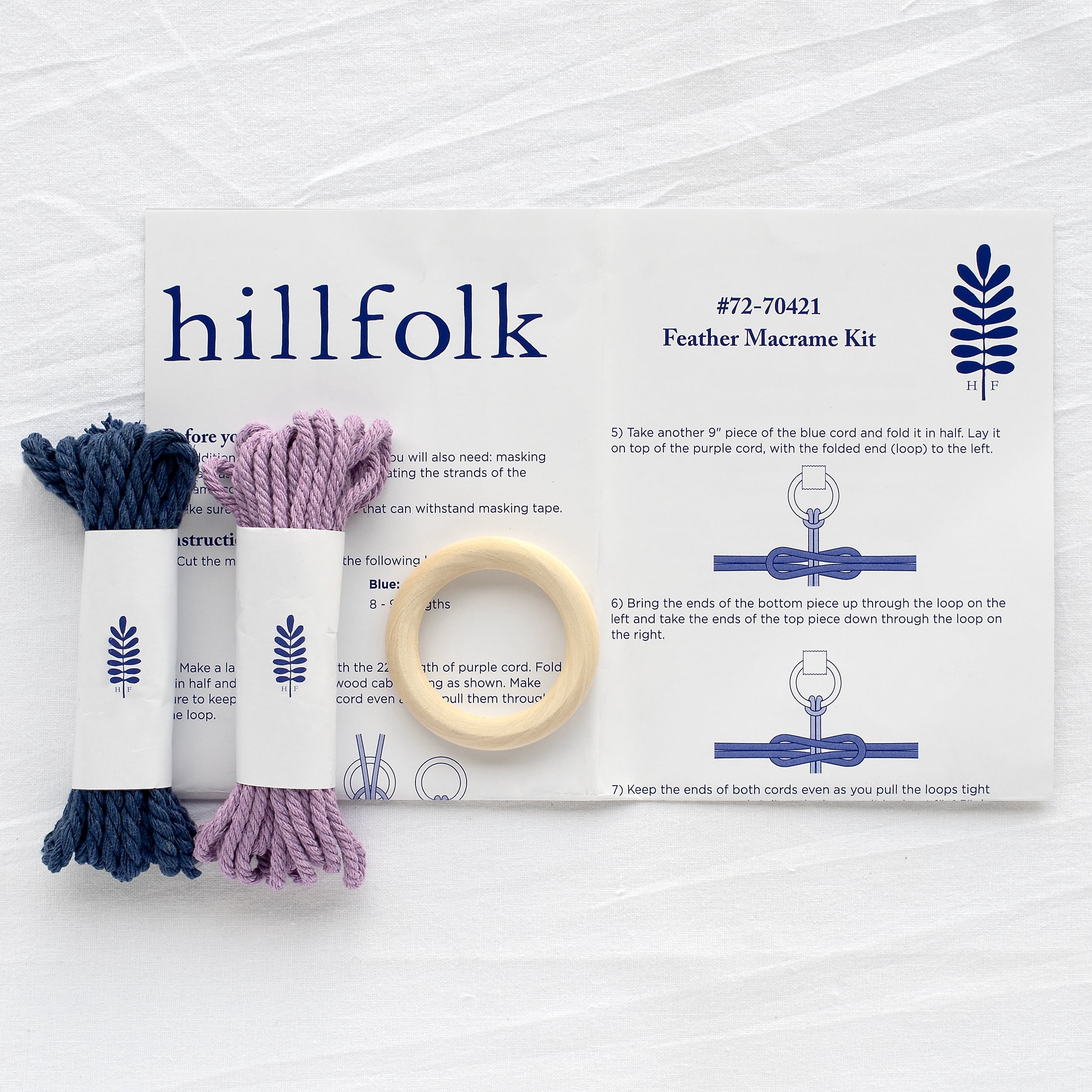 Hillfolk Macrame Feather Kit- Includes Macrame Cording, Wood Cabone Ring For Hanging, And Instructions. Makes One Feather.