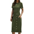 thumbnail image 5 of Women Crew Neck Buttons Decorated Pocket Knitted Midi Dress, 5 of 7