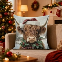 Christmas Highland Cow Pillow Cover – Multicolor Linen Look Faux 3D Printed Throw Cushion with Santa Hat Bull Design for Sofa Living Room Holiday Decor Fits 18x18 Insert