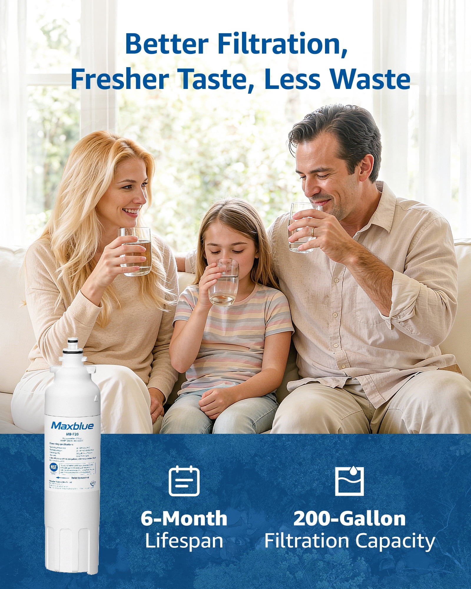 Maxblue ADQ73613401 Refrigerator Water Filter, Replacement for LG® LT800P®, ADQ73613402, ADQ73613408, ADQ75795104, Kenmore 9490, LSXS26326S, LMXC23746S, WF-LT800P, 469490, LMXC23746D, Pack of 3