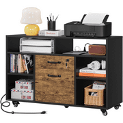 Smile Mart Industrial Wooden Rolling File Cabinet with Power Outlet, Black/Rustic Brown