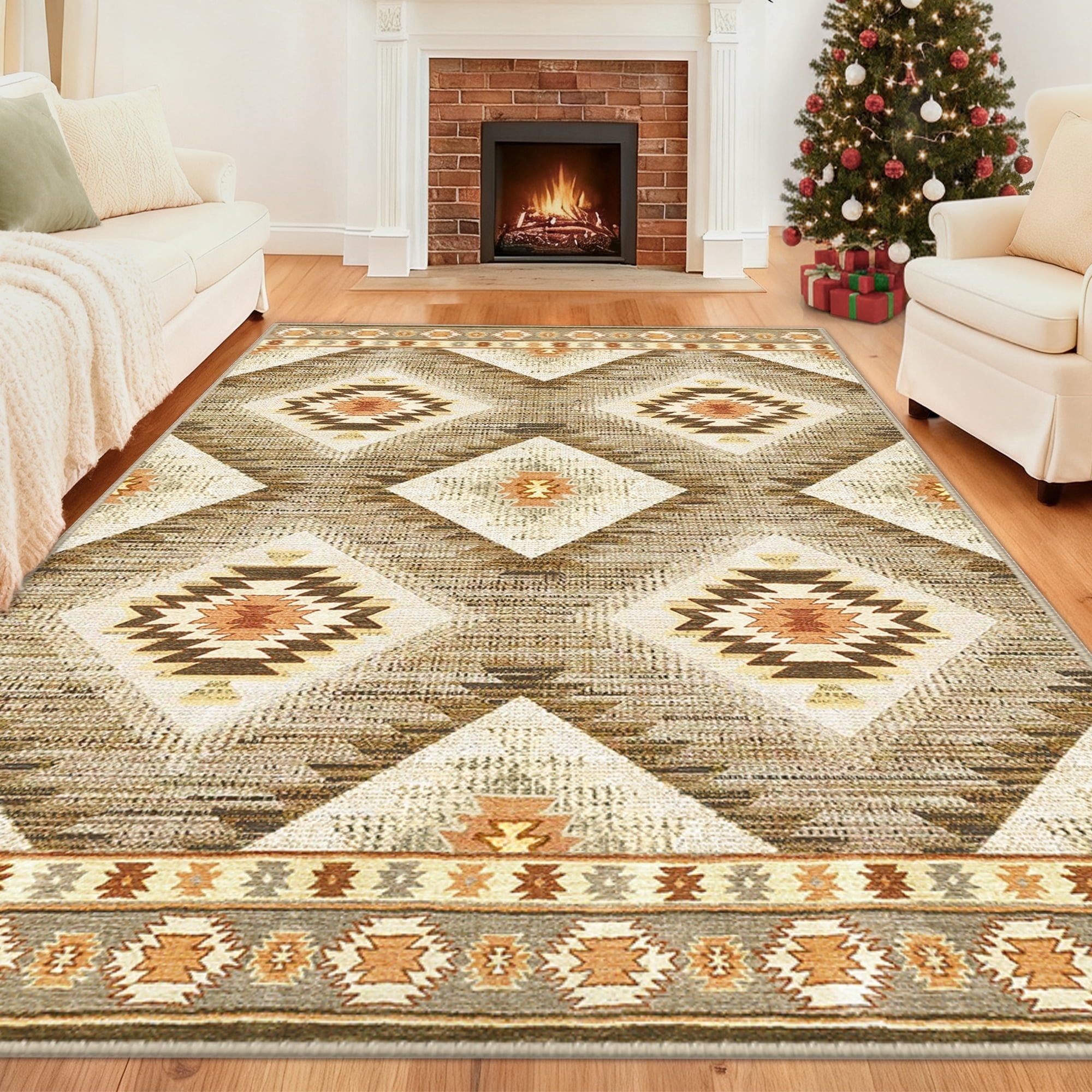 NewBuros 9'x12' Area Rug for Living Room, Machine Washable Non-Slip Rug, Soft Low Pile Stain Resistant Vintage Western Indoor Rug for Bedroom Dining Room, Camel