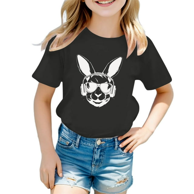MIASHUI Boys Girls Easter Shirts Bunny Short Sleeve Tee Funny Rabbit Graphic T Shirts,Black,5-6 Years