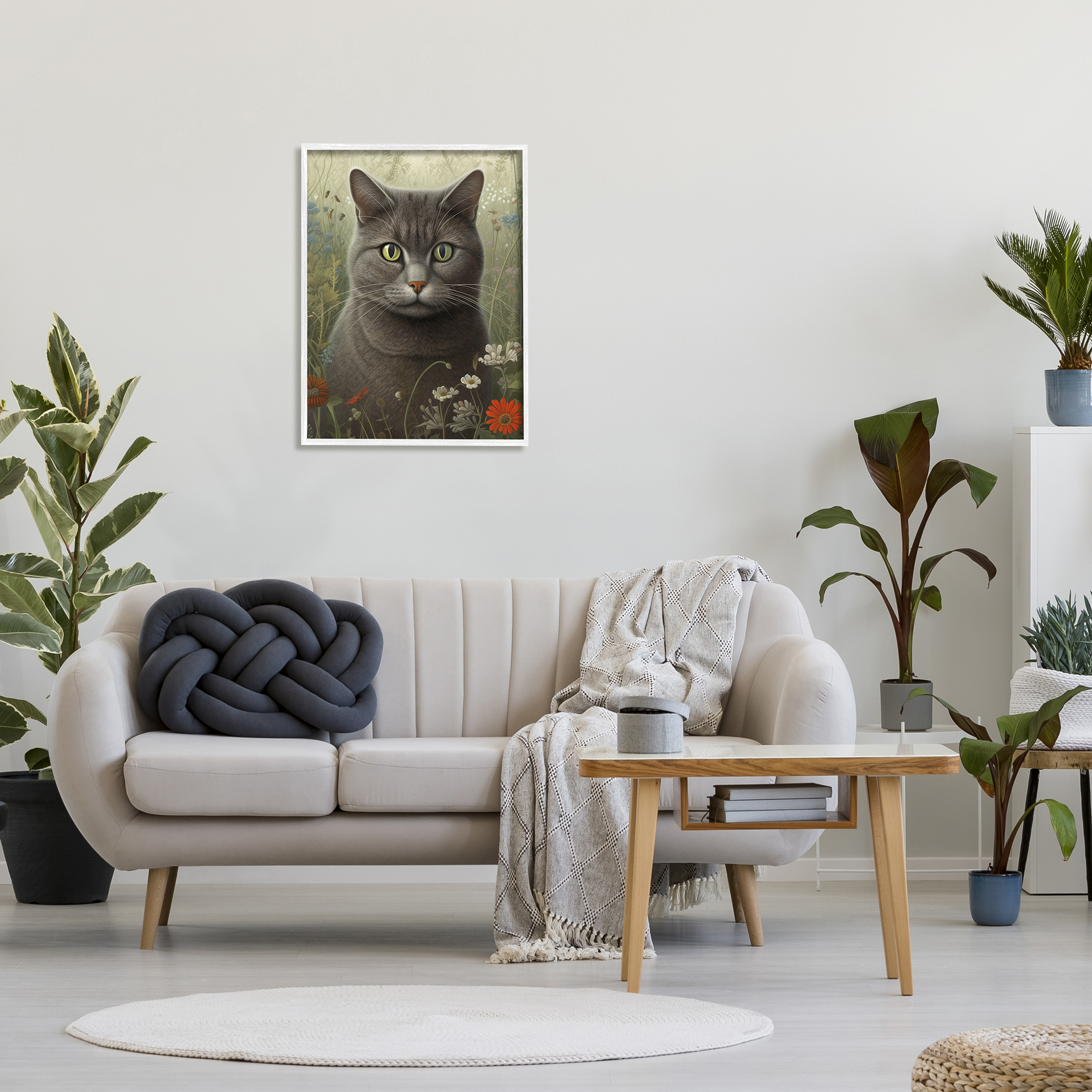 Stupell Industries Grey Cat in Flower Field Animals & Insects Painting White Framed Art Print Wall Art, 24 x 30