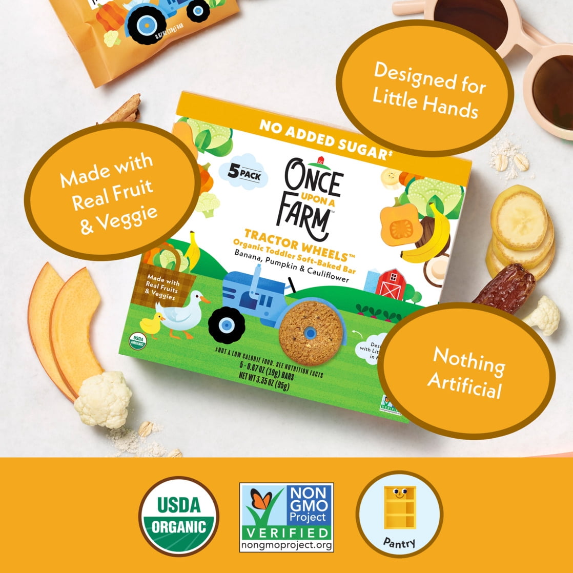 Once Upon a Farm Organic Tractor Wheels Toddler Bar, Banana, Pumpkin & Cauliflower, 5ct