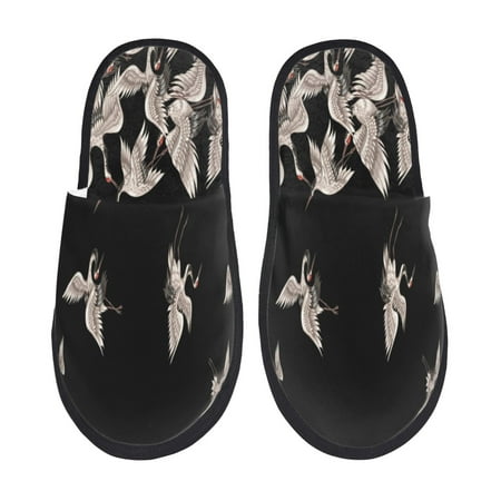 Balery Japanese White Crane Slient Indoor Furry Fleece Comfort House Shoes Soft Non-Slip Home Shoes Cotton slippers House Slippers-- Large