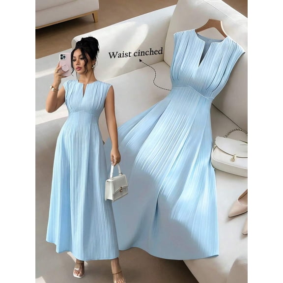 Elegant V-Neck Short Sleeve A-Line Maxi Dress with Waist Cinch for Women