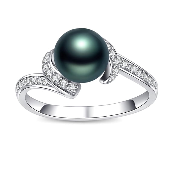 TANGPOET 925 Sterling Silver Wave Band Black Pearl Ring for Women #8