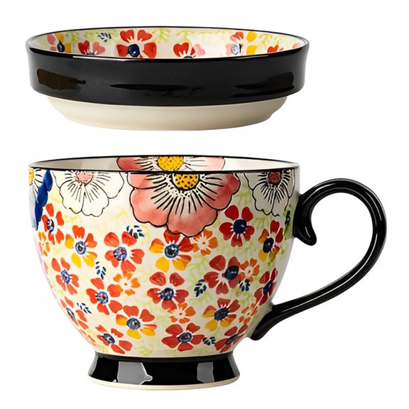 Soup Mugs With Handles, Ceramic Bouillon Cups, Small Breakfast Bowl, Soup Bowl With Lid, Cereal Bowl With Lid-colored flowers-5inch, 17oz