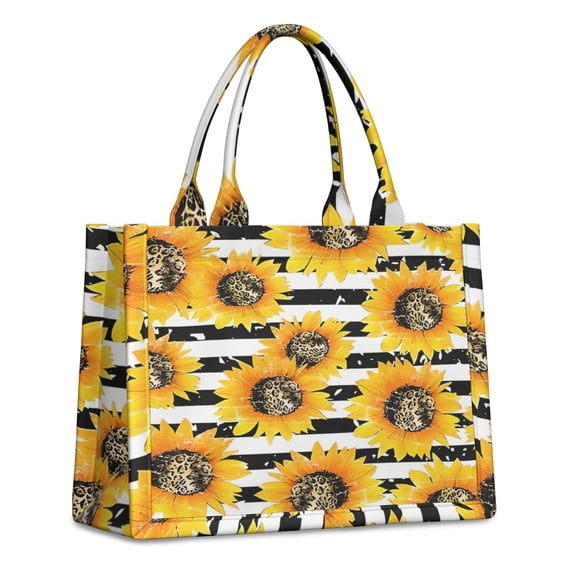 Large Capacity Tote Bag,Black White Stripe Leopard Sunflower Pattern Handbag Fashion Luxury Tote Bag,15.7"x13"x 5.1" Inches,Laptop Compatible