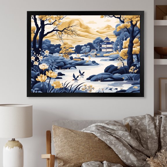 Designart "China's Blossoming Landscape in Blue and Yellow I" Landscapes Framed Wall Art Decor - Traditional Blue China Entryway Framed Wall Art Print