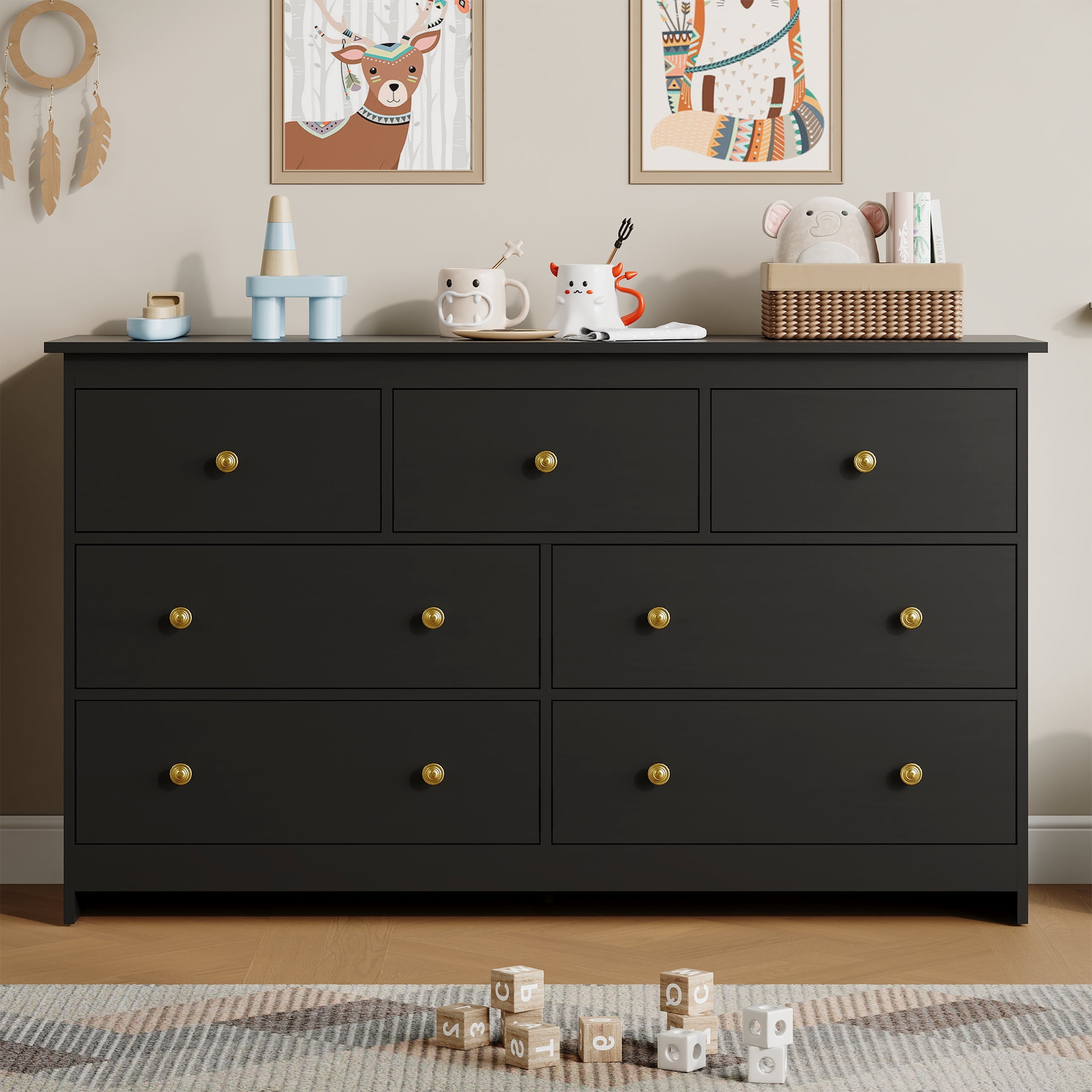 YouTrend 7 Drawer Dresser, Modern Black Chests of Drawers Wood Adult Storage Cabinet for Bedroom Living Room Hallway