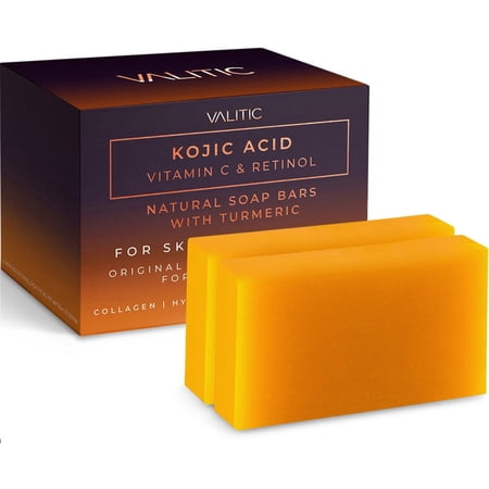VALITIC Kojic Acid Vitamin C and Retinol Soap Bars with Turmeric for Dark Spot - Original Japanese Complex Infused with Collagen, Hyaluronic Acid, and Vitamin E (2 Pack)