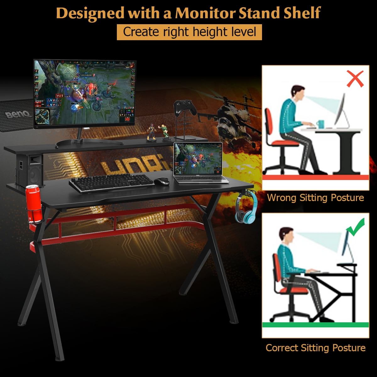 Costway Gaming Desk & Chair Set 48'' Computer Desk & Massage Recliner Chair Black + Red