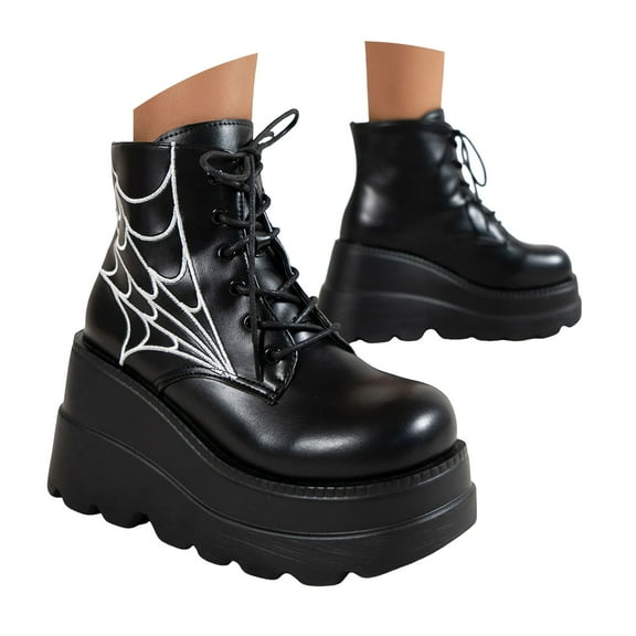 Dakaela Platform Ankle Boots for Women Chunky High Heel Combat Booties Round Toe Motorcycle Wedge Shoes