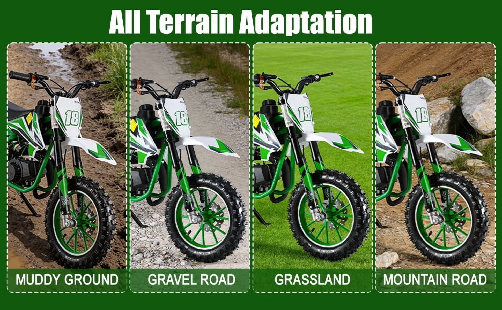 Korogimeeet Gas Powered Green Mini Dirt Bike 49cc 2-Stroke, 10 Inch Tires, Front Rear Disc Brakes, Full-Circle Crankshaft Engine, Smooth Acceleration, 47 x 28 Inch