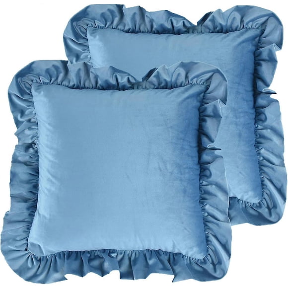 SZTXJ Shabby Chic Velvet Cushion Cover Set of 2 Slate Blue Decorative Sofa Winter Solid Color Ruffled Pillowcase 50x50cm Decoration Velor Cushion Cove