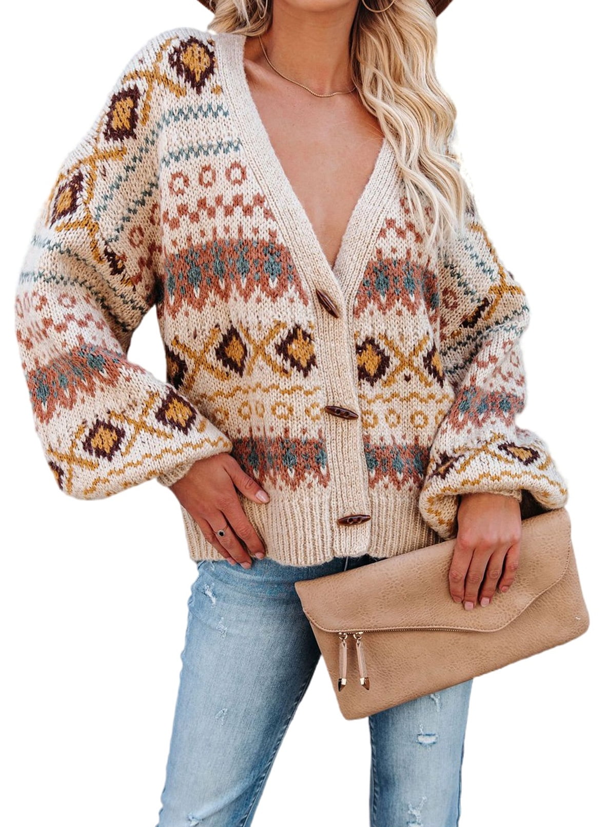 Aleumdr Swimwear Aleumdr Womens Winter Cardigan Aztec Oversized Chunky Knit Button Sweaters Coats S, Women's, Size: Small, Red