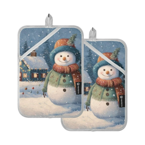 Cute Snowman Outside Cabin Christmas Potholders Heat Resistant Pot Holder Set of 2 Oven Hot Pads with Pocket