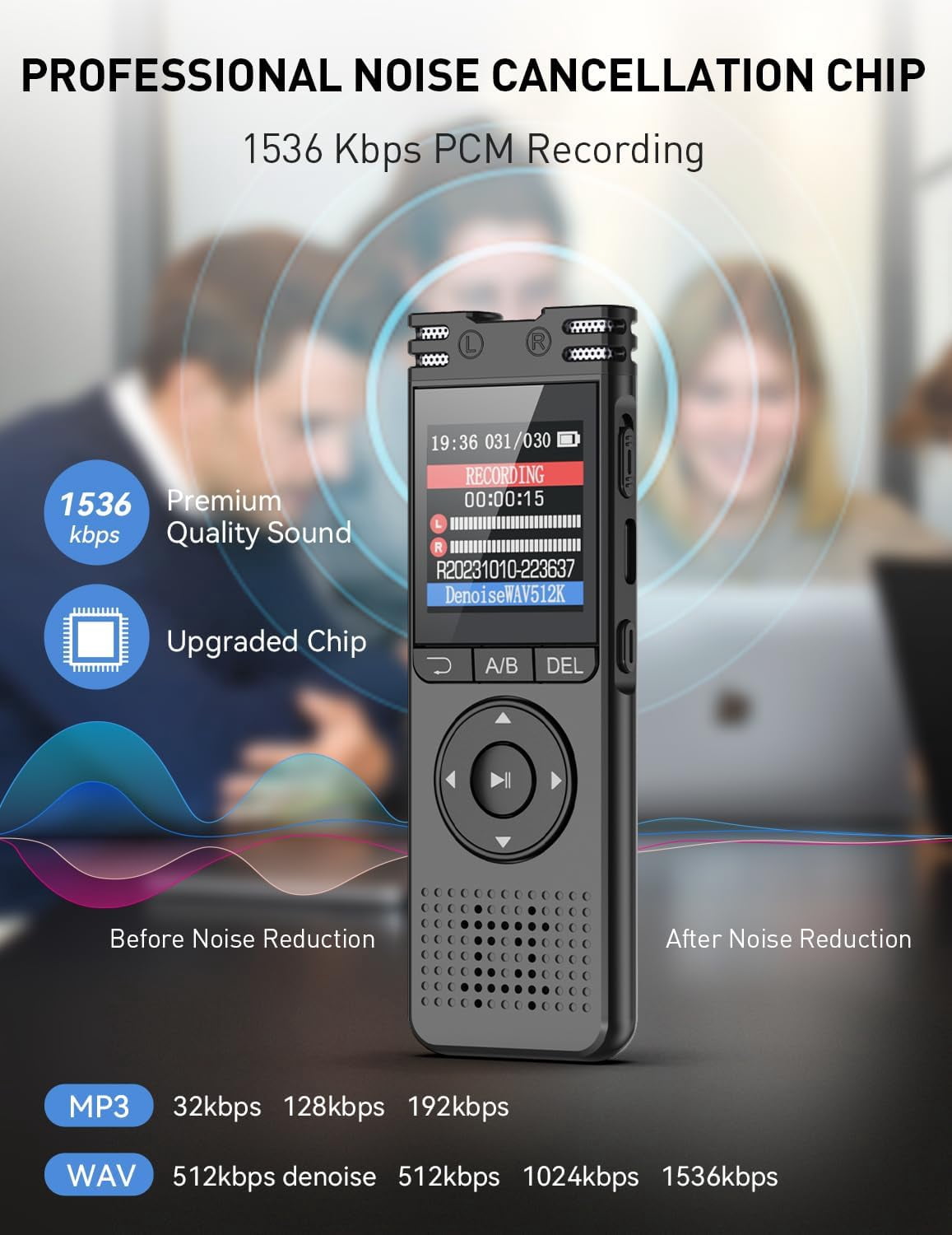 64GB Digital Voice Recorder with Playback Voice Activated Tape Recorder for Lectures Meetings, 1536Kbps Sound Audio Recorder Dictaphone Recording Device with Recording Monitoring, Line-in, Password