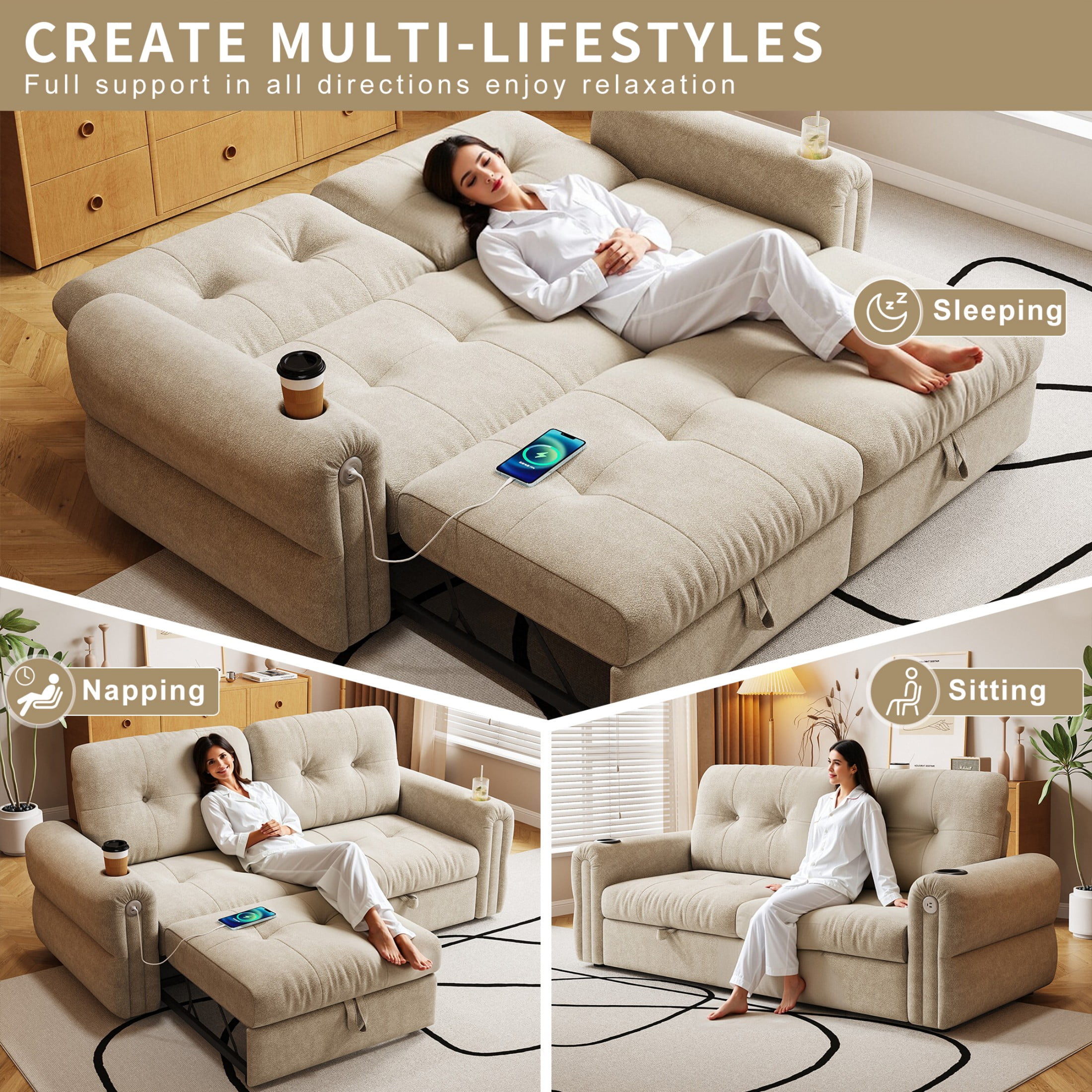 77" Queen Size Sofa Bed, Loveseat Sleeper Sofa with Pull Out Bed and USB, 2 Seater Convertible Small Couch for Living Room Bedroom Apartment (Beige, Chenille)