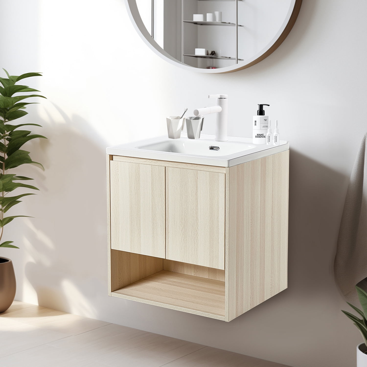 Wall Mount Vanity Cabinet Open Storage White Oak L 24 in x H 24.8 in x D 19.7 in