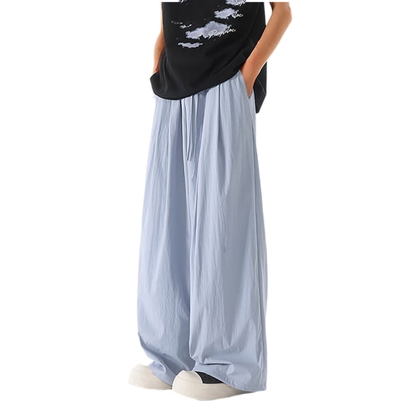 Ohufall Men's Plus Size Casual Pants Fashion Loose Fit Quick-drying Wide Leg Jogger Pants Solid Comfortable Pocket Drawstring Elastic Waist Beach Pants